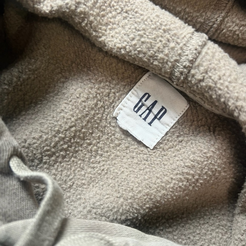 GAP Hoodie Mens L Tan Navy Blue Arch Logo Pullover Fleece Sweatshirt M64 - Picture 3 of 7
